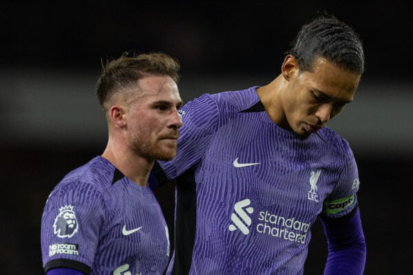 LONDON, ENGLAND - Sunday, February 4, 2024: Liverpool's Alexis Mac Allister (L) and captain Virgil van Dijk look dejected after the FA Premier League match between Arsenal FC and Liverpool FC at the Emirates Stadium. Arsenal won 3-1. (Photo by David Rawcliffe/Propaganda)