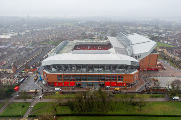 LIVERPOOL, ENGLAND - Friday, February 9, 2024: An aerial view of Anfield, the home stadium of Liverpool Football Club, showing the ongoing construction of the new Anfield Road expansion. The redevelopment of the stand will see 7,000 more seats added taking Anfield's overall capacity to more than 61,000. The stand is expected to be fully open for the Liverpool v Burnley Premier League game. (Pic by David Rawcliffe/Propaganda)