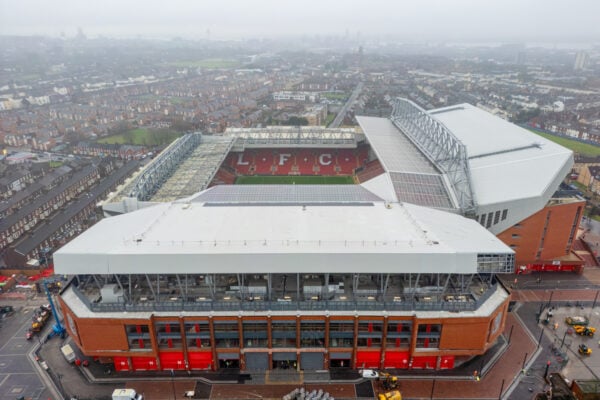 LIVERPOOL, ENGLAND - Friday, February 9, 2024: An aerial view of Anfield, the home stadium of Liverpool Football Club, showing the ongoing construction of the new Anfield Road expansion. The redevelopment of the stand will see 7,000 more seats added taking Anfield's overall capacity to more than 61,000. The stand is expected to be fully open for the Liverpool v Burnley Premier League game. (Pic by David Rawcliffe/Propaganda)