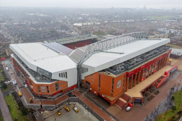 LIVERPOOL, ENGLAND - Friday, February 9, 2024: An aerial view of Anfield, the home stadium of Liverpool Football Club, showing the ongoing construction of the new Anfield Road expansion. The redevelopment of the stand will see 7,000 more seats added taking Anfield's overall capacity to more than 61,000. The stand is expected to be fully open for the Liverpool v Burnley Premier League game. (Pic by David Rawcliffe/Propaganda)