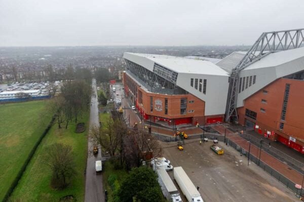 LIVERPOOL, ENGLAND - Friday, February 9, 2024: An aerial view of Anfield, the home stadium of Liverpool Football Club, showing the ongoing construction of the new Anfield Road expansion. The redevelopment of the stand will see 7,000 more seats added taking Anfield's overall capacity to more than 61,000. The stand is expected to be fully open for the Liverpool v Burnley Premier League game. (Pic by David Rawcliffe/Propaganda)