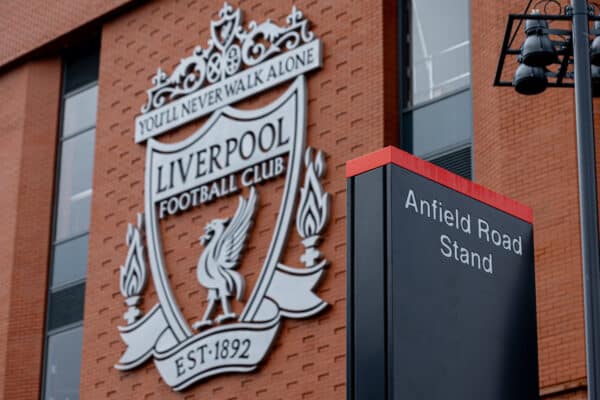 LIVERPOOL, ENGLAND - Saturday, February 10, 2024: Liverpool's club crest on the side of the new Anfield Road development seen before the FA Premier League match between Liverpool FC and Burnley FC at Anfield. Liverpool won 3-1. (Photo by David Rawcliffe/Propaganda)