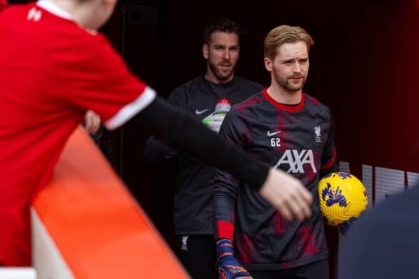 LIVERPOOL, ENGLAND - Saturday, February 10, 2024: Liverpool's goalkeeper Caoimhin Kelleher walks out for the warm-up before the FA Premier League match between Liverpool FC and Burnley FC at Anfield. Liverpool won 3-1. (Photo by David Rawcliffe/Propaganda)