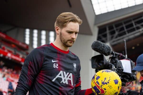 LIVERPOOL, ENGLAND - Saturday, February 10, 2024: Liverpool's goalkeeper Caoimhin Kelleher walks out for the warm-up before the FA Premier League match between Liverpool FC and Burnley FC at Anfield. Liverpool won 3-1. (Photo by David Rawcliffe/Propaganda)