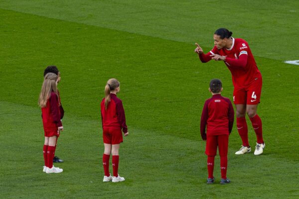 LIVERPOOL, ENGLAND - Saturday, February 10, 2024: Liverpool's captain Virgil van Dijk with the mascots before the FA Premier League match between Liverpool FC and Burnley FC at Anfield. Liverpool won 3-1. (Photo by David Rawcliffe/Propaganda)