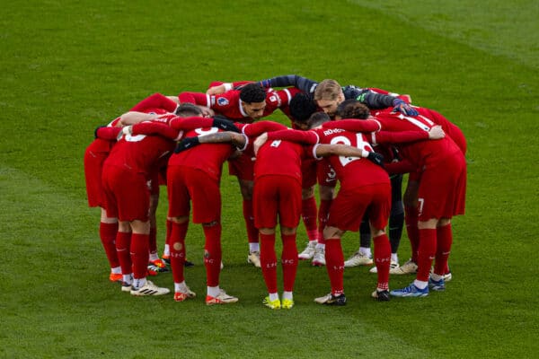 LIVERPOOL, ENGLAND - Saturday, February 10, 2024: Liverpool players form a pre-match huddle before the FA Premier League match between Liverpool FC and Burnley FC at Anfield. Liverpool won 3-1. (Photo by David Rawcliffe/Propaganda)