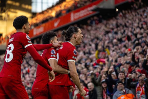 LIVERPOOL, ENGLAND - Saturday, February 10, 2024: Liverpool's Darwin Núñez celebrates after scoring his side's third goal during the FA Premier League match between Liverpool FC and Burnley FC at Anfield. Liverpool won 3-1. (Photo by David Rawcliffe/Propaganda)