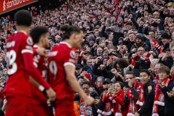  Liverpool's Darwin Nunez celebrates after scoring his side's third goal during the FA Premier League match between Liverpool FC and Burnley FC at Anfield. Liverpool won 3-1. (Photo by David Rawcliffe/Propaganda)