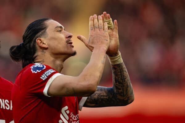 LIVERPOOL, ENGLAND - Saturday, February 10, 2024: Liverpool's Darwin Núñez celebrates after scoring his side's third goal during the FA Premier League match between Liverpool FC and Burnley FC at Anfield. Liverpool won 3-1. (Photo by David Rawcliffe/Propaganda)