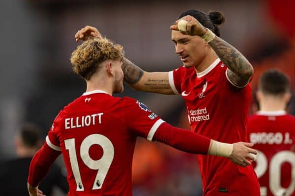 LIVERPOOL, ENGLAND - Saturday, February 10, 2024: Liverpool's Darwin Núñez celebrates after scoring his side's third goal during the FA Premier League match between Liverpool FC and Burnley FC at Anfield. Liverpool won 3-1. (Photo by David Rawcliffe/Propaganda)