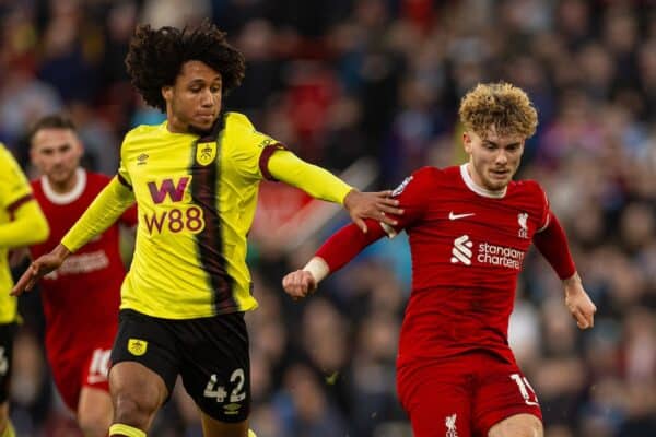 LIVERPOOL, ENGLAND - Saturday, February 10, 2024: Liverpool's Harvey Elliott (R) and Burnley's Han-Noah Massengo during the FA Premier League match between Liverpool FC and Burnley FC at Anfield. Liverpool won 3-1. (Photo by David Rawcliffe/Propaganda)