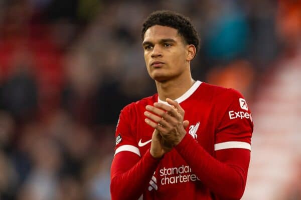 LIVERPOOL, ENGLAND - Saturday, February 10, 2024: Liverpool's Jarell Quansah applauds the supporters after the FA Premier League match between Liverpool FC and Burnley FC at Anfield. Liverpool won 3-1. (Photo by David Rawcliffe/Propaganda)