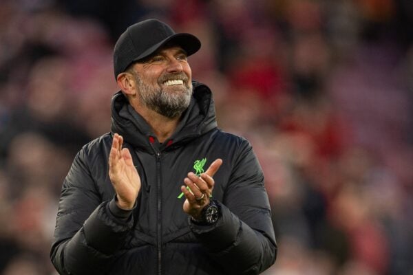 LIVERPOOL, ENGLAND - Saturday, February 10, 2024: Liverpool's manager Jürgen Klopp celebrates after the FA Premier League match between Liverpool FC and Burnley FC at Anfield. Liverpool won 3-1. (Photo by David Rawcliffe/Propaganda)