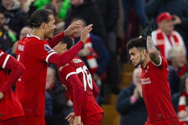 LIVERPOOL, ENGLAND - Wednesday, February 21, 2024: Liverpool's Luis Díaz (R) celebrates with team-mate captain Virgil van Dijk after scoring the third goal during the FA Premier League match between Liverpool FC and Luton Town FC at Anfield. Liverpool won 4-1. (Photo by David Rawcliffe/Propaganda)