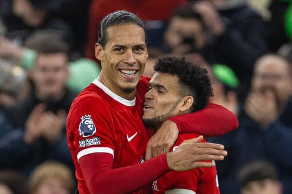 LIVERPOOL, ENGLAND - Wednesday, February 21, 2024: Liverpool's Luis Díaz (R) celebrates with team-mate captain Virgil van Dijk after scoring the third goal during the FA Premier League match between Liverpool FC and Luton Town FC at Anfield. Liverpool won 4-1. (Photo by David Rawcliffe/Propaganda)