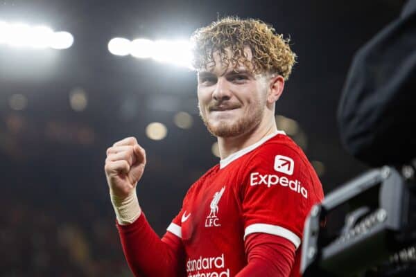 LIVERPOOL, ENGLAND - Wednesday, February 21, 2024: Liverpool's Harvey Elliott celebrates after scoring the fourth goal during the FA Premier League match between Liverpool FC and Luton Town FC at Anfield. Liverpool won 4-1. (Photo by David Rawcliffe/Propaganda)