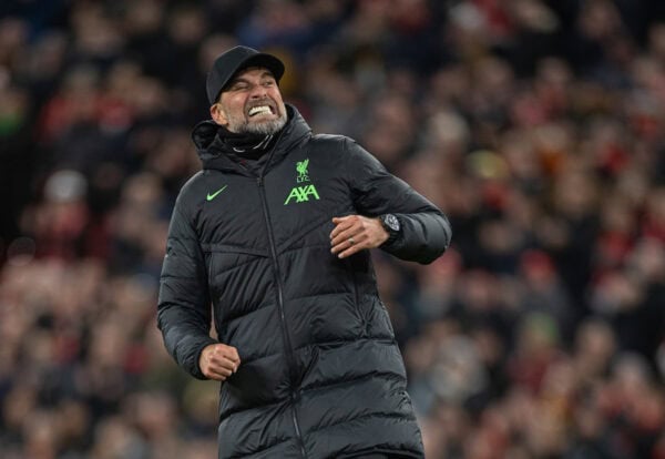 LIVERPOOL, ENGLAND - Wednesday, February 21, 2024: Liverpool's manager Jürgen Klopp celebrates after during the FA Premier League match between Liverpool FC and Luton Town FC at Anfield. Liverpool won 4-1. (Photo by David Rawcliffe/Propaganda)