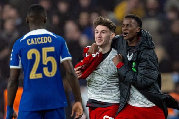 LONDON, ENGLAND - Sunday, February 25, 2024: Liverpool's Lewis Koumas and Trey Nyoni run onto the pitch to celebrate during the Football League Cup Final match between Chelsea FC and Liverpool FC at Wembley Stadium. Liverpool won 1-0 after extra-time. (Photo by David Rawcliffe/Propaganda)