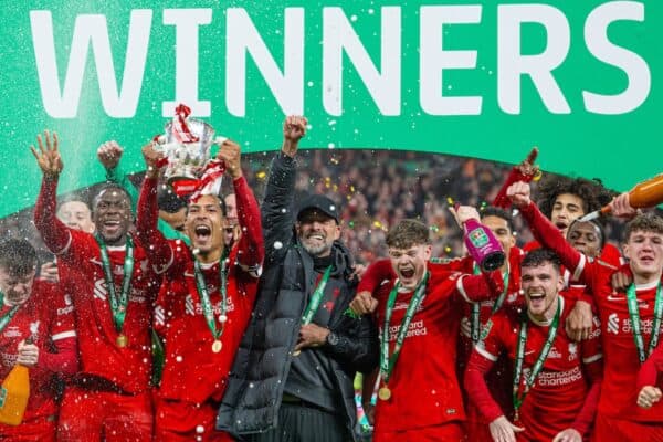 LONDON, ENGLAND - Sunday, February 25, 2024: Liverpool's goal-scorer captain Virgil van Dijk lifts the trophy after the Football League Cup Final match between Chelsea FC and Liverpool FC at Wembley Stadium. Liverpool won 1-0 after extra-time. (Photo by David Rawcliffe/Propaganda)