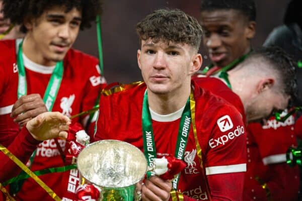 LONDON, ENGLAND - Sunday, February 25, 2024: Liverpool's Lewis Koumas celebrates with the trophy after the Football League Cup Final match between Chelsea FC and Liverpool FC at Wembley Stadium. Liverpool won 1-0 after extra-time. (Photo by David Rawcliffe/Propaganda)