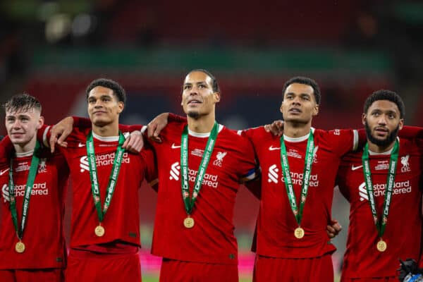 LONDON, ENGLAND - Sunday, February 25, 2024: Liverpool's Conor Bradley, Jarell Quansah, Virgil van Dijk, Cody Gakpo and Joe Gomez celebrate after the Football League Cup Final match between Chelsea FC and Liverpool FC at Wembley Stadium. Liverpool won 1-0 after extra-time. (Photo by David Rawcliffe/Propaganda)