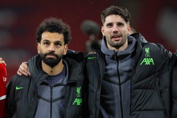 LONDON, ENGLAND - Sunday, February 25, 2024: Liverpool's Trey Nyoni, Mohamed Salah and Dominik Szoboszlai celebrate after the Football League Cup Final match between Chelsea FC and Liverpool FC at Wembley Stadium. Liverpool won 1-0 after extra-time. (Photo by David Rawcliffe/Propaganda)