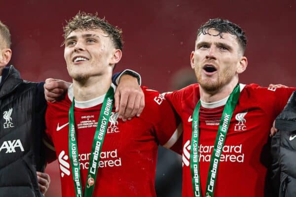 LONDON, ENGLAND - Sunday, February 25, 2024: Liverpool's Bobby Clark (L) and Andy Robertson (R) celebrate after the Football League Cup Final match between Chelsea FC and Liverpool FC at Wembley Stadium. Liverpool won 1-0 after extra-time. (Photo by David Rawcliffe/Propaganda)