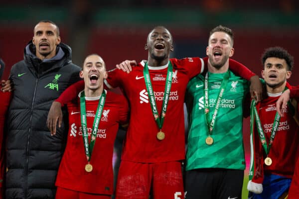 LONDON, ENGLAND - Sunday, February 25, 2024: Liverpool's Joël Matip, Kostas Tsimikas, Ibrahima Konaté, Adrián San Miguel del Castillo and Luis Díaz celebrate after the Football League Cup Final match between Chelsea FC and Liverpool FC at Wembley Stadium. Liverpool won 1-0 after extra-time. (Photo by David Rawcliffe/Propaganda)