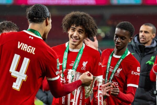 LONDON, ENGLAND - Sunday, February 25, 2024: Liverpool's Jayden Danns celebrates with the trophy after the Football League Cup Final match between Chelsea FC and Liverpool FC at Wembley Stadium. Liverpool won 1-0 after extra-time. (Photo by David Rawcliffe/Propaganda)