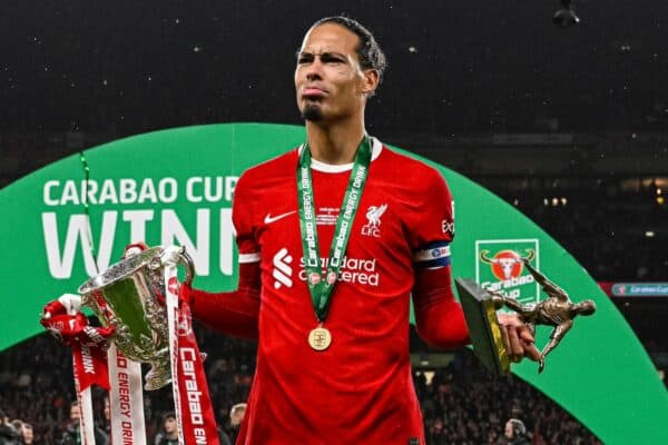 LONDON, ENGLAND - Sunday, February 25, 2024: Liverpool's captain Virgil van Dijk celebrates with the trophy and the Alan Hardaker Trophy for Man-of-the-Match after the Football League Cup Final match between Chelsea FC and Liverpool FC at Wembley Stadium. Liverpool won 1-0 after extra-time. (Photo by Peter Powell/Propaganda)