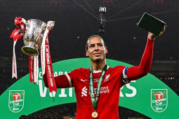 LONDON, ENGLAND - Sunday, February 25, 2024: Liverpool's captain Virgil van Dijk celebrates with the trophy and the Alan Hardaker Trophy for Man-of-the-Match after the Football League Cup Final match between Chelsea FC and Liverpool FC at Wembley Stadium. Liverpool won 1-0 after extra-time. (Photo by Peter Powell/Propaganda)