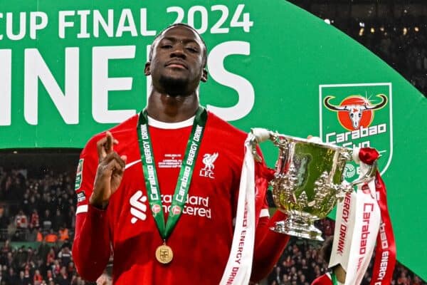 LONDON, ENGLAND - Sunday, February 25, 2024: Liverpool's Ibrahima Konaté celebrates with the trophy after the Football League Cup Final match between Chelsea FC and Liverpool FC at Wembley Stadium. Liverpool won 1-0 after extra-time. (Photo by Peter Powell/Propaganda)