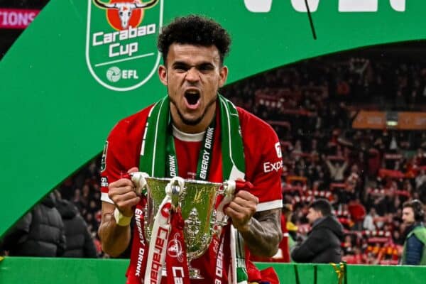 LONDON, ENGLAND - Sunday, February 25, 2024: Liverpool's Luis Díaz celebrates with the trophy after the Football League Cup Final match between Chelsea FC and Liverpool FC at Wembley Stadium. Liverpool won 1-0 after extra-time. (Photo by Peter Powell/Propaganda)