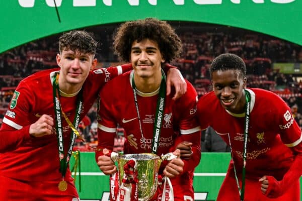 LONDON, ENGLAND - Sunday, February 25, 2024: Liverpool's Lewis Koumas, Jayden Danns and Trey Nyoni celebrate with the trophy after the Football League Cup Final match between Chelsea FC and Liverpool FC at Wembley Stadium. Liverpool won 1-0 after extra-time. (Photo by Peter Powell/Propaganda)