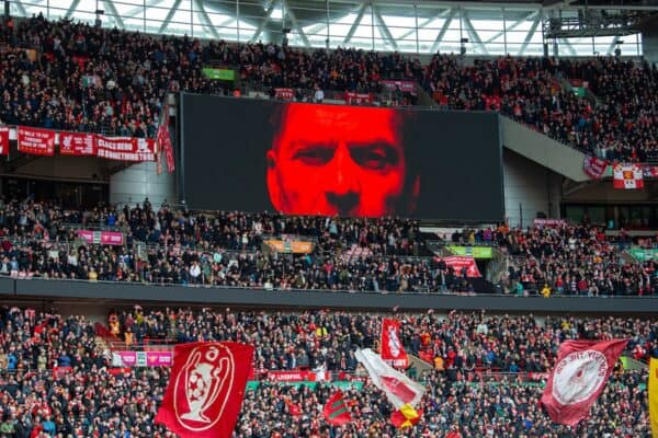 LONDON, ENGLAND - Sunday, February 25, 2024: Liverpool supporters sing "You'll Never Walk Alone" before the Football League Cup Final match between Chelsea FC and Liverpool FC at Wembley Stadium. Klopp crowd. Liverpool won 1-0 after extra-time. (Photo by Peter Powell/Propaganda)