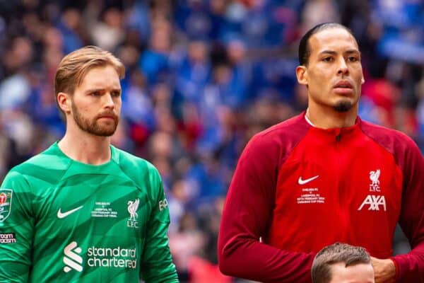 LONDON, ENGLAND - Sunday, February 25, 2024: Liverpool's goalkeeper Caoimhin Kelleher, captain Virgil van Dijk and manager Jürgen Klopp line-up with mascots before the Football League Cup Final match between Chelsea FC and Liverpool FC at Wembley Stadium. Liverpool won 1-0 after extra-time. (Photo by Peter Powell/Propaganda)