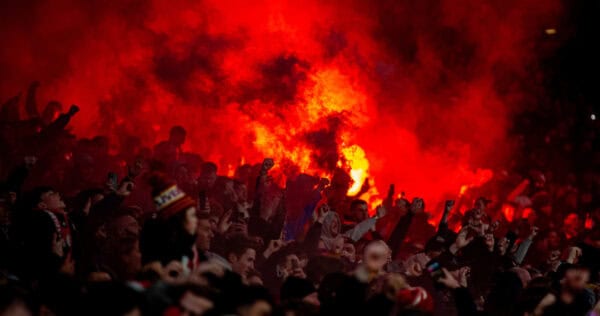 LONDON, ENGLAND - Sunday, February 25, 2024: Liverpool supporters set off red flares and smoke bombs during the Football League Cup Final match between Chelsea FC and Liverpool FC at Wembley Stadium. (Photo by Peter Powell/Propaganda)
