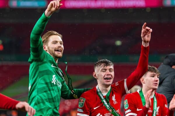 LONDON, ENGLAND - Sunday, February 25, 2024: Liverpool's goalkeeper Caoimhin Kelleher (L) and Conor Bradley celebrate after the Football League Cup Final match between Chelsea FC and Liverpool FC at Wembley Stadium. (Photo by Peter Powell/Propaganda)