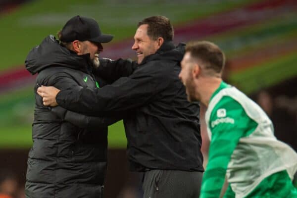 LONDON, ENGLAND - Sunday, February 25, 2024: Liverpool's manager Jürgen Klopp celebrates with goalkeeping coach John Achterberg at the final whistle during the Football League Cup Final match between Chelsea FC and Liverpool FC at Wembley Stadium. (Photo by Peter Powell/Propaganda)