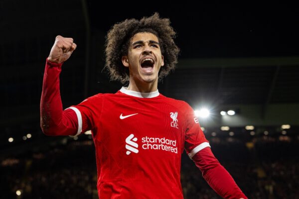 LIVERPOOL, ENGLAND - Wednesday, February 28, 2024: Liverpool's Jayden Danns celebrates after scoring the second goal during the FA Cup 5th Round match between Liverpool FC and Southampton FC at Anfield. Liverpool won 3-0. (Photo by David Rawcliffe/Propaganda)