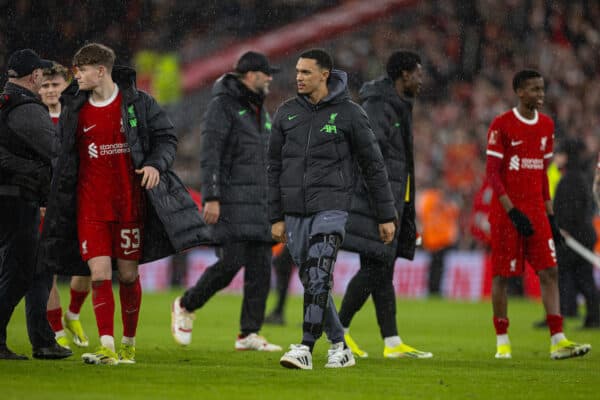 LIVERPOOL, ENGLAND - Wednesday, February 28, 2024: Liverpool's Trent Alexander-Arnold, with his left leg in a brace, during the FA Cup 5th Round match between Liverpool FC and Southampton FC at Anfield. Liverpool won 3-0. (Photo by David Rawcliffe/Propaganda)