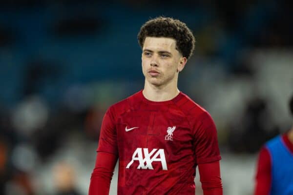 LEEDS, ENGLAND - Thursday, February 29, 2024: Liverpool's Kieran Morrison during the pre-match warm-up before the FA Youth Cup 5th Round match between Leeds United FC Under-18's and Liverpool FC Under-18's at Elland Road. (Photo by David Rawcliffe/Propaganda)