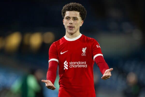 LEEDS, ENGLAND – Donnerstag, 29. Februar 2024: Liverpools Kieran Morrison während des Spiels der 5. Runde des FA Youth Cup zwischen Leeds United FC U18 und Liverpool FC U18 in Elland Road. (Foto von David Rawcliffe/Propaganda)