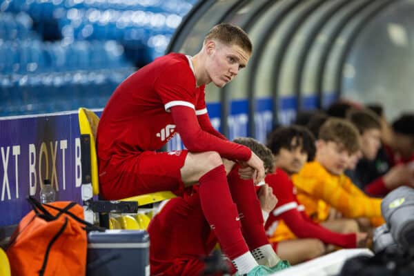 LEEDS, ENGLAND - Thursday, February 29, 2024: Liverpool's Carter Pinnington looks dejected after the FA Youth Cup 5th Round match between Leeds United FC Under-18's and Liverpool FC Under-18's at Elland Road. Leeds won 3-1. (Photo by David Rawcliffe/Propaganda)