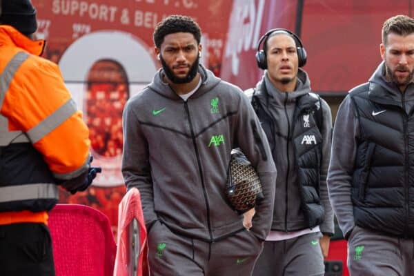 NOTTINGHAM, ENGLAND - Saturday, March 2, 2024: Liverpool's Joe Gomez, captain Virgil van Dijk and goalkeeper Adrián San Miguel del Castillo arrive before during the FA Premier League match between Nottingham Forest FC and Liverpool FC at the City Ground. Liverpool won 1-0. (Photo by David Rawcliffe/Propaganda)