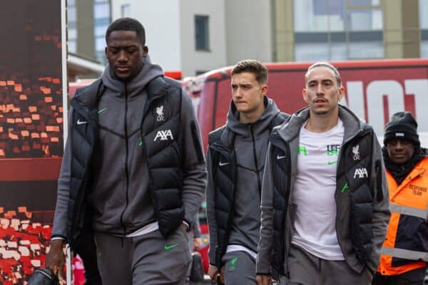 NOTTINGHAM, ENGLAND - Saturday, March 2, 2024: Liverpool's Ibrahima Konaté (L) and Kostas Tsimikas (R) arrive before the FA Premier League match between Nottingham Forest FC and Liverpool FC at the City Ground. Liverpool won 1-0. (Photo by David Rawcliffe/Propaganda)