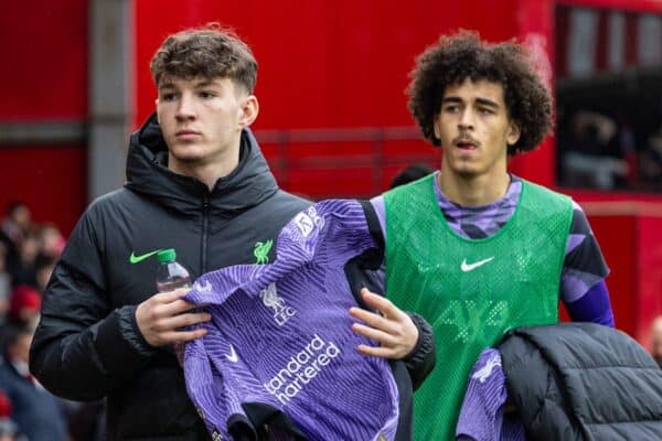 NOTTINGHAM, ENGLAND - Saturday, March 2, 2024: Liverpool's substitutes Lewis Koumas and Jayden Danns before the FA Premier League match between Nottingham Forest FC and Liverpool FC at the City Ground. Liverpool won 1-0. (Photo by David Rawcliffe/Propaganda)