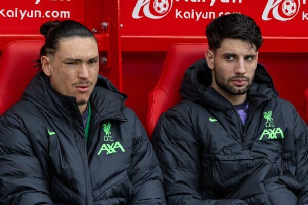 NOTTINGHAM, ENGLAND - Saturday, March 2, 2024: Liverpool's substitutes Darwin Núñez (L) and Dominik Szoboszlai on the bench before the FA Premier League match between Nottingham Forest FC and Liverpool FC at the City Ground. Liverpool won 1-0. (Photo by David Rawcliffe/Propaganda)