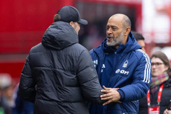 NOTTINGHAM, ENGLAND - Saturday, March 2, 2024: Liverpool's manager Jürgen Klopp (L) and Nottingham Forest's manager Nuno Espírito Santo during the FA Premier League match between Nottingham Forest FC and Liverpool FC at the City Ground. Liverpool won 1-0. (Photo by David Rawcliffe/Propaganda)