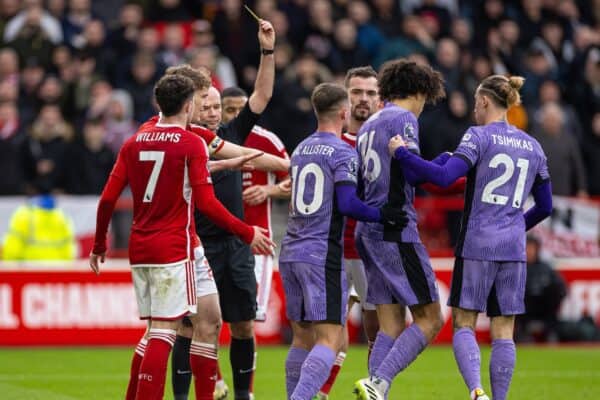 NOTTINGHAM, ENGLAND - Saturday, March 2, 2024: Liverpool's Jayden Danns is shown a yellow card by referee Paul Tierney during the FA Premier League match between Nottingham Forest FC and Liverpool FC at the City Ground. Liverpool won 1-0. (Photo by David Rawcliffe/Propaganda)